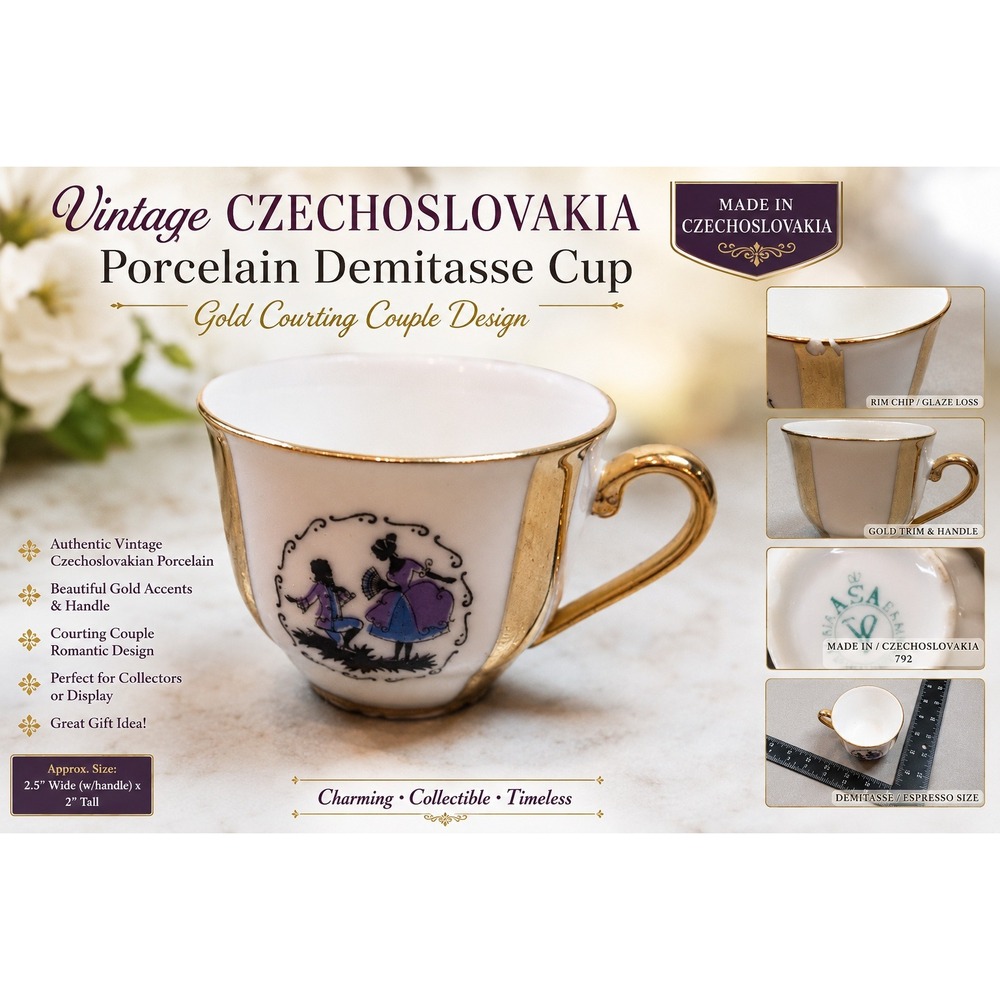 Vintage Czechoslovakia Porcelain Demitasse Cup Gold Courting Couple 792 Espresso